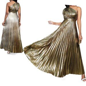 Metallic One-Shoulder Pleated Dress Prom Evening Gown Womens Party Wear Size L